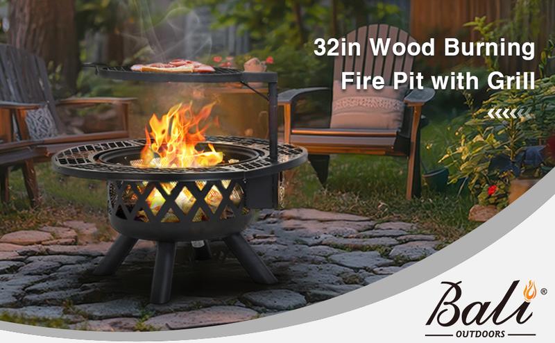 BALI OUTDOORS 2-in-1 Wood Burning Fire Pit with Removable Cooking Grill, Black