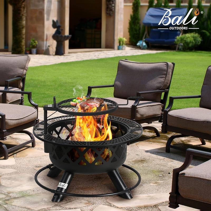 BALI OUTDOORS 2-in-1 Wood Burning Fire Pit with Removable Cooking Grill, Black