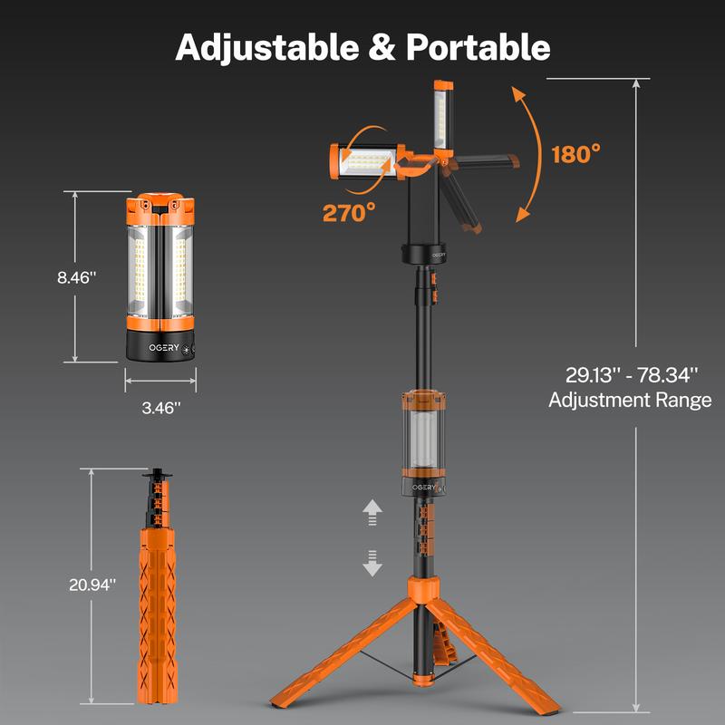 Rechargeable 10000mAh Camping Light with Detachable Tripod ( 1.75 to 6.5 Feet ), 2200 Lumens Cordless Dimmable Work Light & Emergency Light