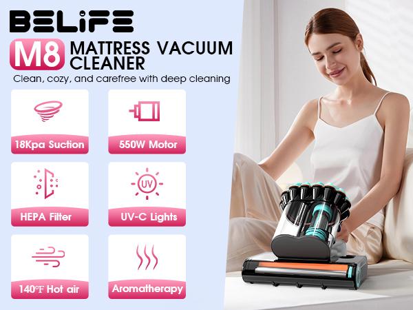 Belife M8 Mattress Vacuum Cleaner, Anti-allergen Dust Mite Bed Vacuum Cleaner with UV & Hot Air & High Heating, 550W 18Kpa Powerful Suction Double-Cup Handheld Vacuum for Bed, Couch, Sofa, Corded