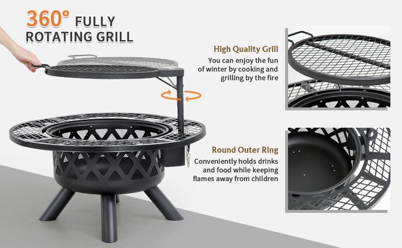 BALI OUTDOORS 2-in-1 Wood Burning Fire Pit with Removable Cooking Grill, Black