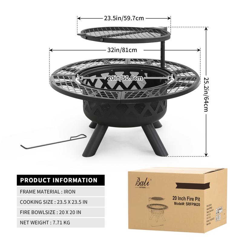 BALI OUTDOORS 2-in-1 Wood Burning Fire Pit with Removable Cooking Grill, Black