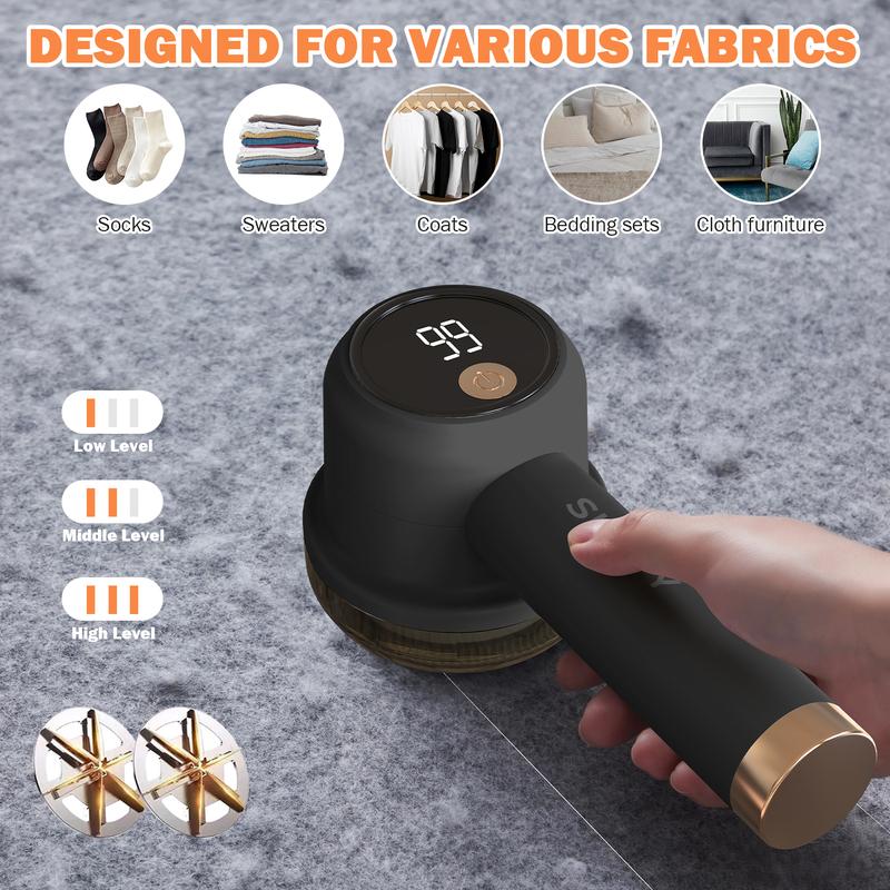 Rechargeable Fabric Shaver with 2 Replaceable Stainless Steel 6-Leaf Blades | Lint Remover with 3-Speed Settings & LED Display - Efficient Sweater and Lint Shaver for Clothes, Removing Fuzz, Lint Balls, Pills, and Hairballs.